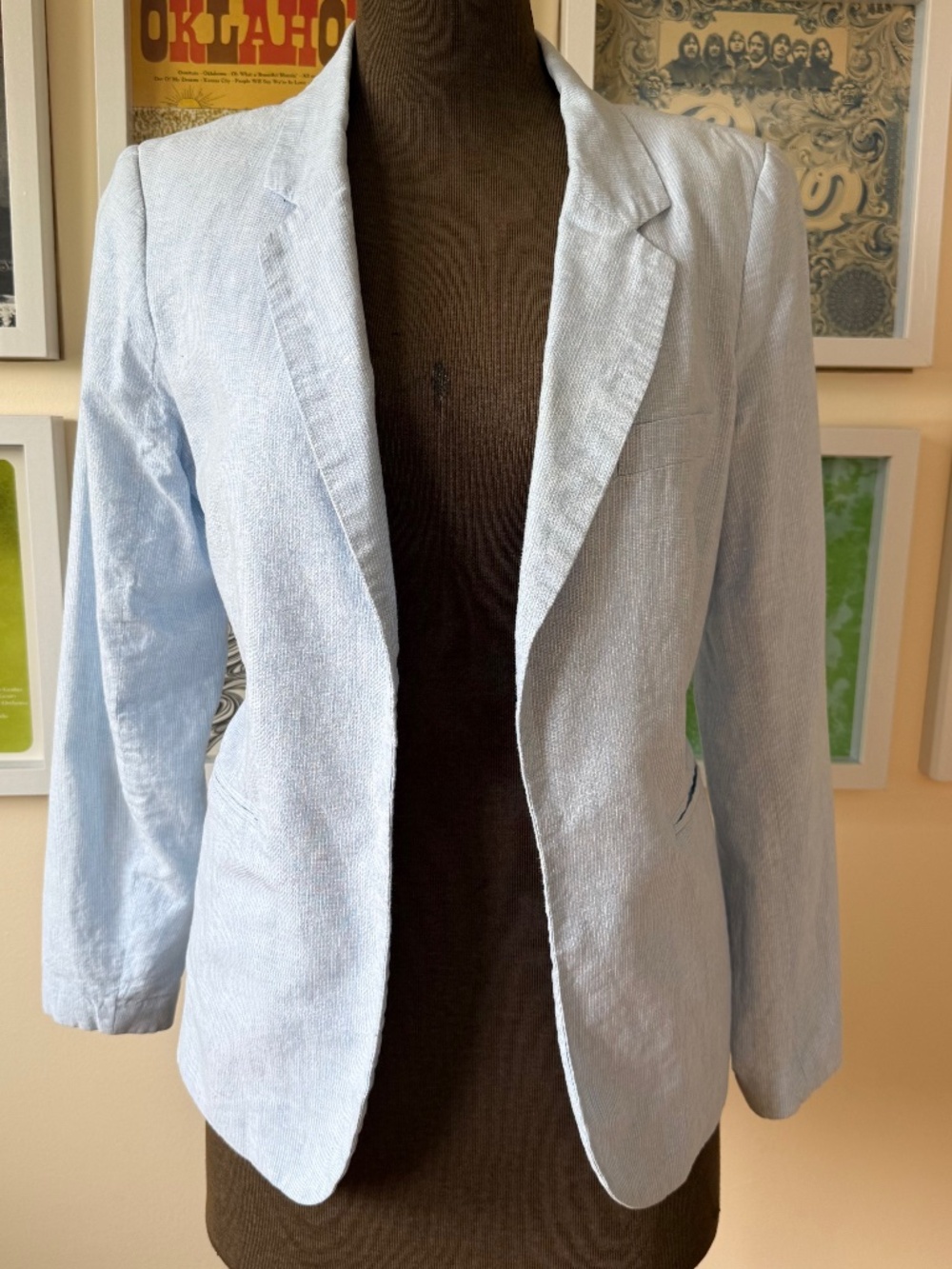 Vintage Y2K Baby Blue Tailored Linen Blend Blazer | Minimalist Office Core
